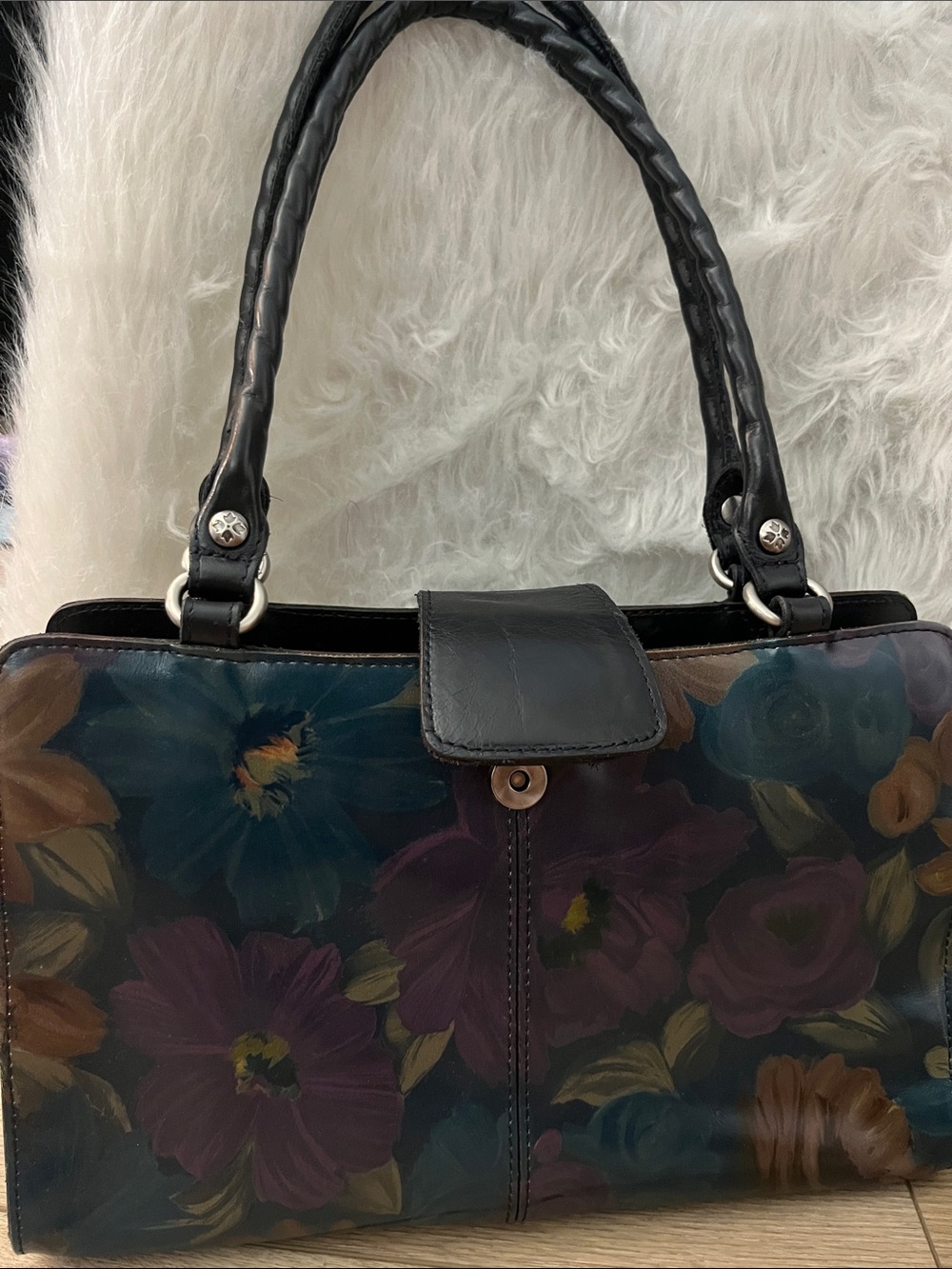 Patricia Nash Black Hand-Painted Floral Leather Shoulder Bag